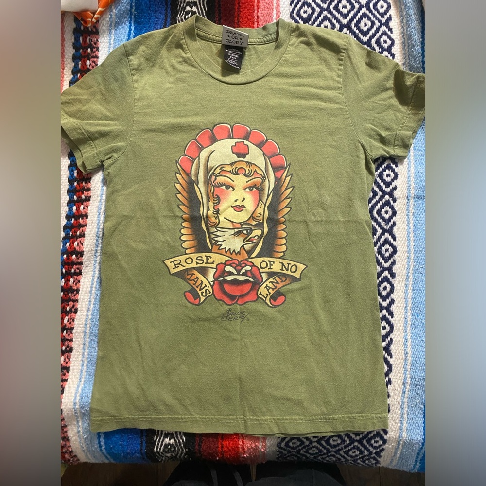 Sailor Jerry Green Graphic T-Shirt Rose of No Man's Land Design VTG